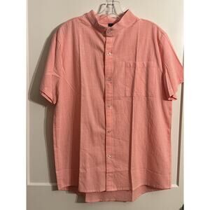 Ouku Shirt Mens Medium Pink Cotton Linen Short Sleeve Button Front Casual Summer